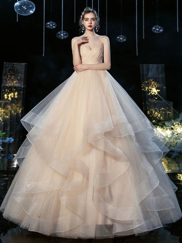 Weekend Sale Marathon Champagne v neck tulle long wedding gown champagne wedding dress