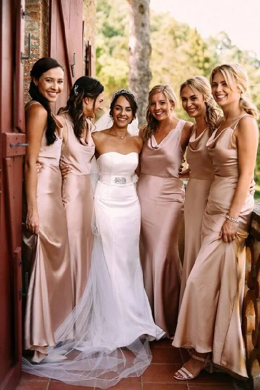 Best Prices This Week Soft Silk Satin Sleeveless Rose Gold  Floor Length Bridesmaid Dresses