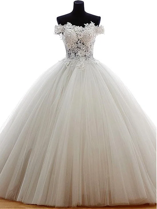 Weekend Price Slash Event Chic Wedding Dresses Off-the-shoulder Appliques Tulle Ball Gown Bridal Gown JKW135