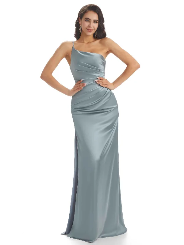 Weekend Shopping Spree Sexy Soft Satin One Shoulder Side Slit Mermaid Long Bridesmaid Dresses