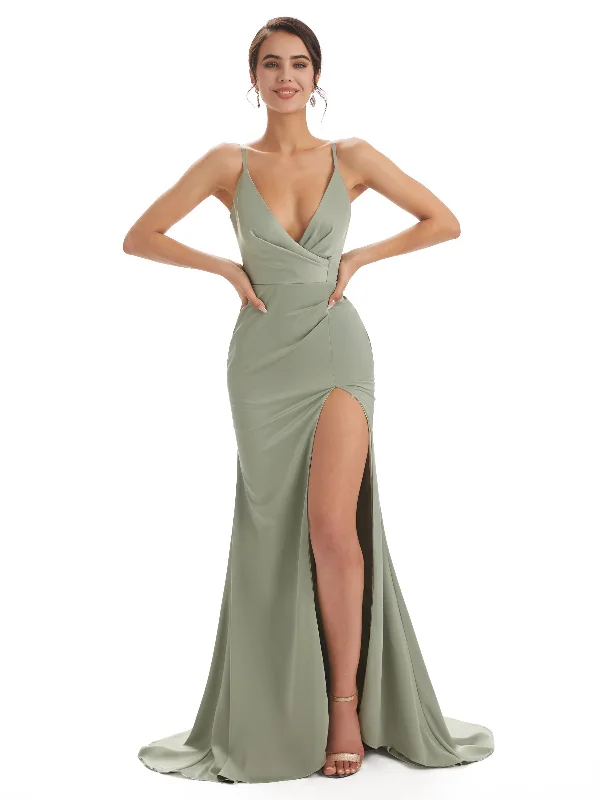 Weekend Flash Sale Sexy Soft Satin Side Slit Spaghetti Straps V-neck Long Mermaid Bridesmaid Dresses Weekend Flash Sale Sexy Soft Satin Side Slit Spaghetti Straps V-neck Long Mermaid Bridesmaid Dresses