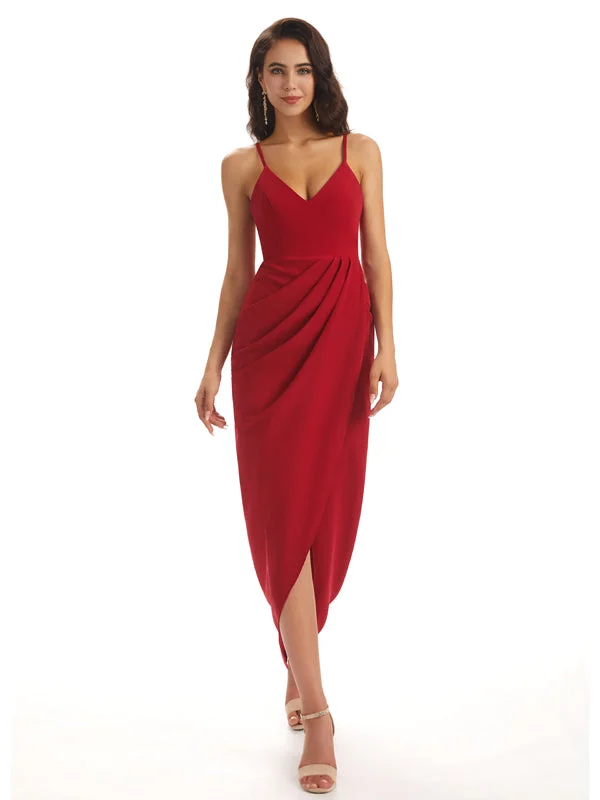Mega Sale Simple Soft Satin Spaghetti Straps Mermaid Midi Bridesmaid Dresses