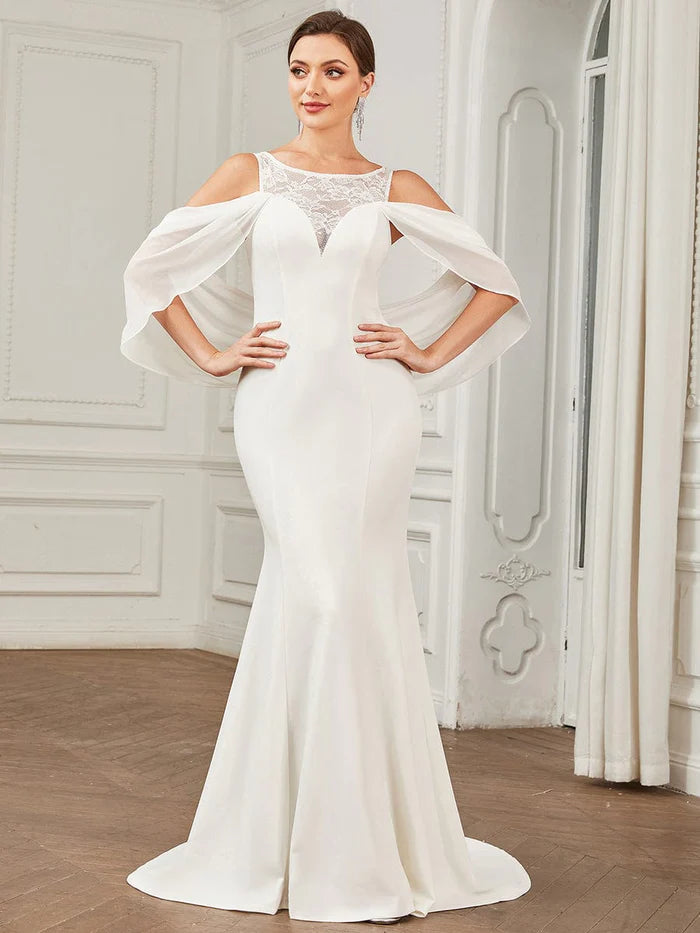 Weekend Markdown Madness Chiffon Cold Shoulder Draped Sleeve Lace Fishtail Wedding Dress Weekend Markdown Madness Chiffon Cold Shoulder Draped Sleeve Lace Fishtail Wedding Dress