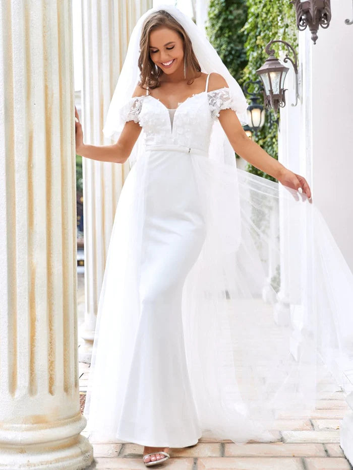 Weekend Clearance Event Cold Shoulder V-Neck Double Layer Wedding Dress