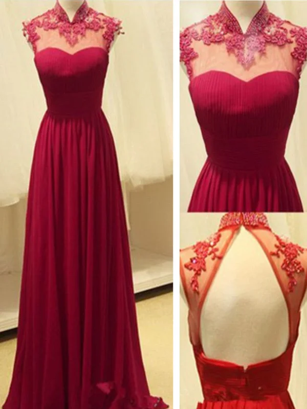 Shop & Save Custom Made A Line High Neck Backless Lace Prom Dresses, Long Formal Dress, Bridesmaid Dress