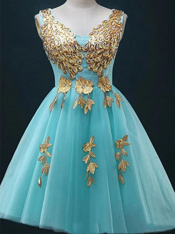 Hurry, Don’t Miss Out Custom Made A Line V Neck Light Blue Short Tulle Prom Dresses, Short Bridesmaid Dresses, Homecoming Dress, Graduation Dresses