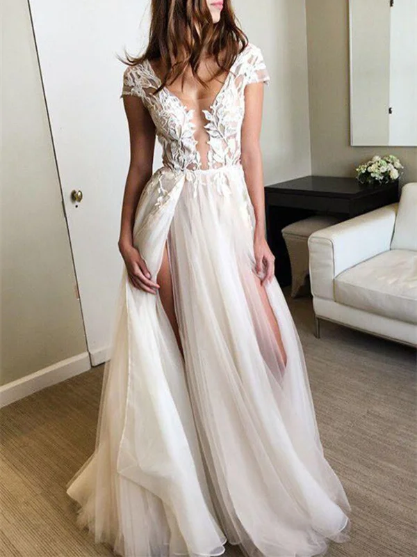 Best Offers Custom Made Deep V Neck Cap Sleeves White Lace Long Prom Dresses, Open Back Lace Front Slit Wedding Party Dresses Best Offers Custom Made Deep V Neck Cap Sleeves White Lace Long Prom Dresses, Open Back Lace Front Slit Wedding Party Dresses