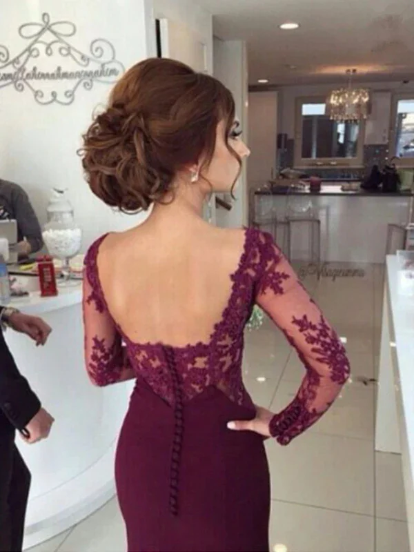 Offer of the Day Custom Made Long Sleeves Mermaid Floor Length Maroon Lace Prom Dresses, Maroon Lace Bridesmaid Dresses