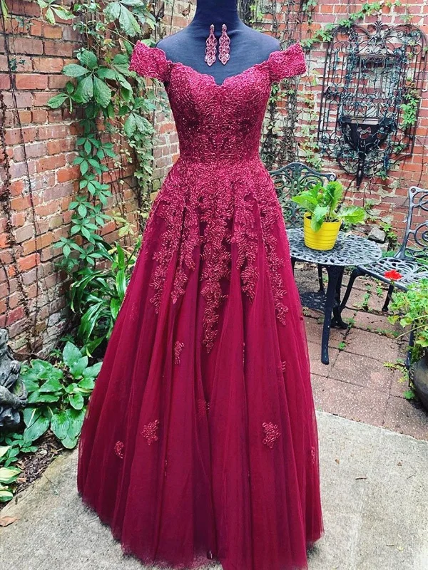 Weekend Sale Frenzy Custom Made Off Shoulder Burgundy Lace Prom Dresses, Off the Shoulder Burgundy Lace Formal Bridesmaid Dresses