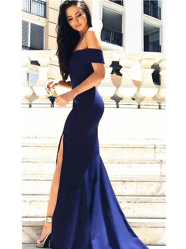 Weekend Flash Markdown Custom Made Off Shoulder Mermaid Navy Blue Prom Dress with Slit, Navy Blue Formal Dress, Dark Blue Bridesmaid Dress