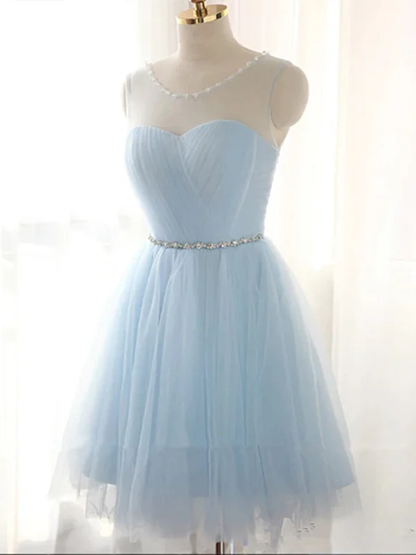 Price Slash Custom Made Round Neck Short Blue Prom Dresses, Short Blue Graduation Dresses, Homecoming Dresses, Blue Bridesmaid Dresses