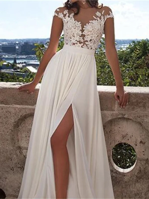 Today Only Custom Made Round Neck White Lace Appliques Chiffon Prom Evening Party Dress With Side Slit