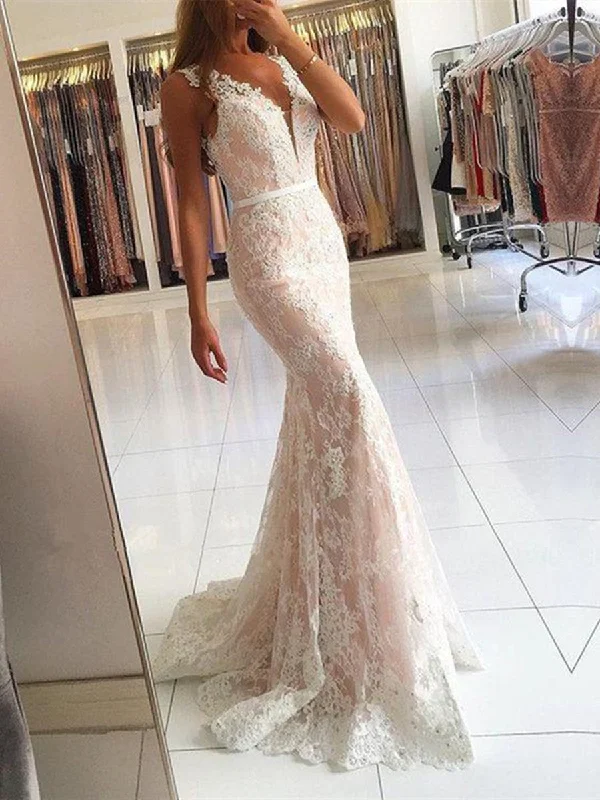 Weekend Hot Offers Custom Made V Neck Mermaid Lace Champagne Prom Dresses, Lace Formal Dresses, Bridesmaid Dresses Weekend Hot Offers Custom Made V Neck Mermaid Lace Champagne Prom Dresses, Lace Formal Dresses, Bridesmaid Dresses