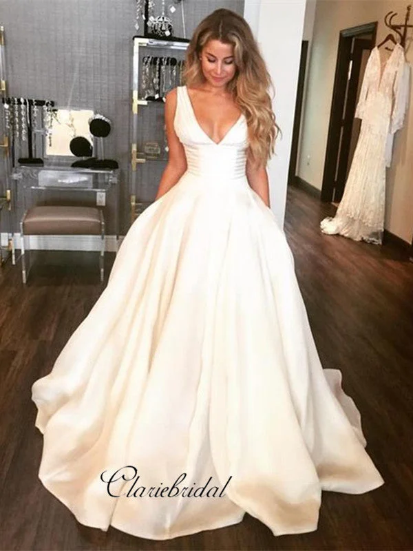 Weekend Hot Picks Custom Simple Design Stain A-line Wedding Dresses, Popular V-neck Wedding Dresses