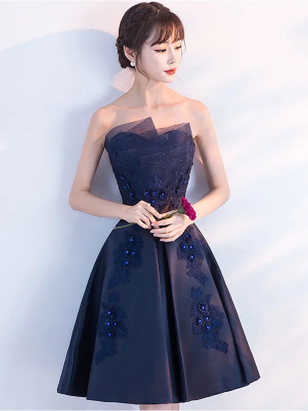 Weekend Shopping Rush Aline Satin Lace Blue Short Prom Dress, Blue Homecoming Dress