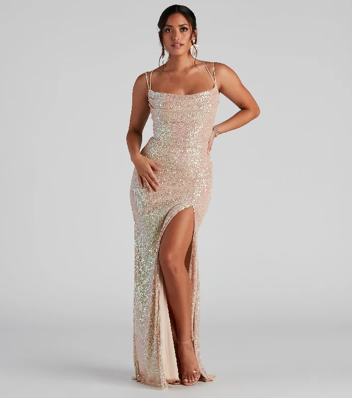 Weekend Exclusive Bargains Debra Formal Sequin Cowl Neck Dress