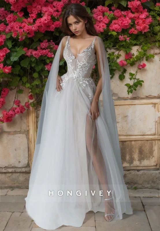 Weekend Sale Frenzy Sexy Tulle A-Line V-Neck Spaghetti Straps Empire Appliques With Side Slit Train Wedding Dress Weekend Sale Frenzy Sexy Tulle A-Line V-Neck Spaghetti Straps Empire Appliques With Side Slit Train Wedding Dress