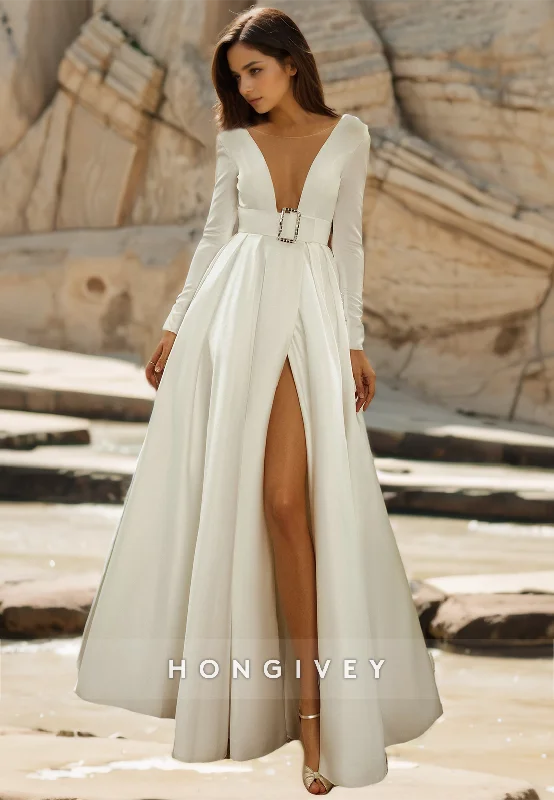 Exclusive Weekly Sale Sexy Satin A-Line Scoop Long Sleeve Empire Belt Backless With Side Slit Wedding Dress Exclusive Weekly Sale Sexy Satin A-Line Scoop Long Sleeve Empire Belt Backless With Side Slit Wedding Dress