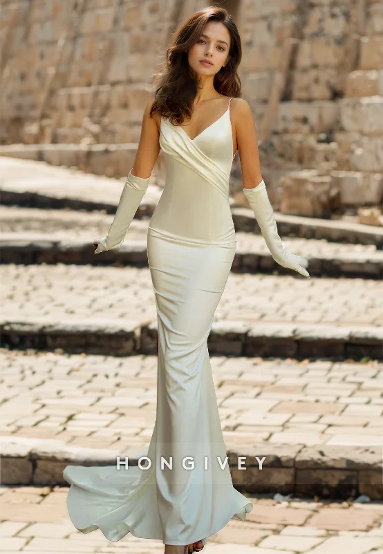 Price Slash Event Sexy Satin Trumpt V-Neck Spaghetti Straps Ruched With Gloves Train Wedding Dress Price Slash Event Sexy Satin Trumpt V-Neck Spaghetti Straps Ruched With Gloves Train Wedding Dress