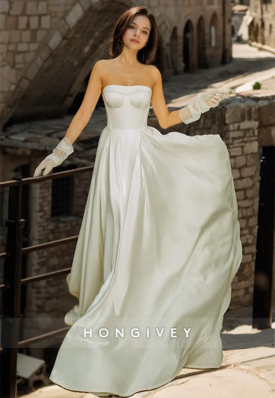 Final Clearance Sexy Satin A-Line Square Strapless Empire With Lace Gloves Train Wedding Dress Final Clearance Sexy Satin A-Line Square Strapless Empire With Lace Gloves Train Wedding Dress