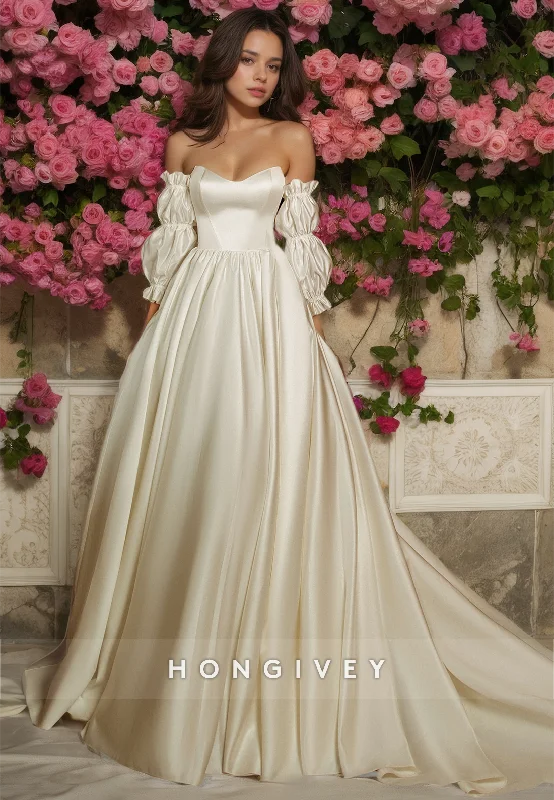Weekend Super Sale Alert Sexy Satin A-Line Bateau Strapless Long Puff Sleeves Empire With Train Wedding Dress Weekend Super Sale Alert Sexy Satin A-Line Bateau Strapless Long Puff Sleeves Empire With Train Wedding Dress