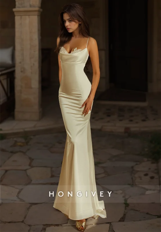 Weekend Limited-Time Offers Sexy Satin Trumpt Bateau Spaghetti Straps Appliques With Train Beach Wedding Dress Weekend Limited-Time Offers Sexy Satin Trumpt Bateau Spaghetti Straps Appliques With Train Beach Wedding Dress