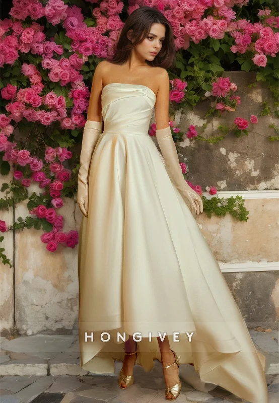 Weekend Deal Rush Sexy Satin A-Line Strapless Empire Ruched High Low Gloves Bowknot With Train Wedding Dress Weekend Deal Rush Sexy Satin A-Line Strapless Empire Ruched High Low Gloves Bowknot With Train Wedding Dress