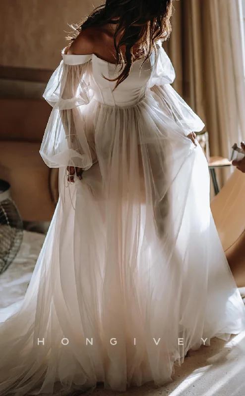 Weekend Sale Extravaganza H1187 - Sexy Tulle A-Line Illusion Off-Shoulder Long Sleeve Empire With Train Boho Wedding Dress Weekend Sale Extravaganza H1187 - Sexy Tulle A-Line Illusion Off-Shoulder Long Sleeve Empire With Train Boho Wedding Dress