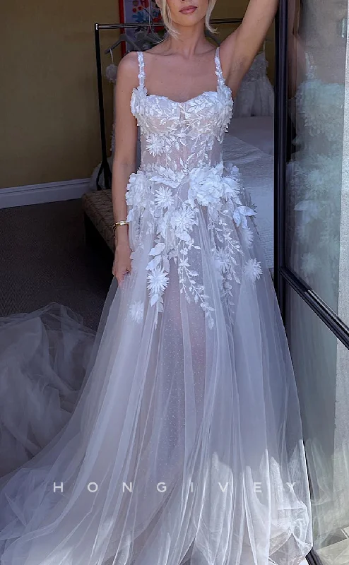 Shop & Get More H1201 - Sexy Tulle A-Line Sweetheart Spaghetti Straps Floral Appliques With Train Wedding Dress Shop & Get More H1201 - Sexy Tulle A-Line Sweetheart Spaghetti Straps Floral Appliques With Train Wedding Dress
