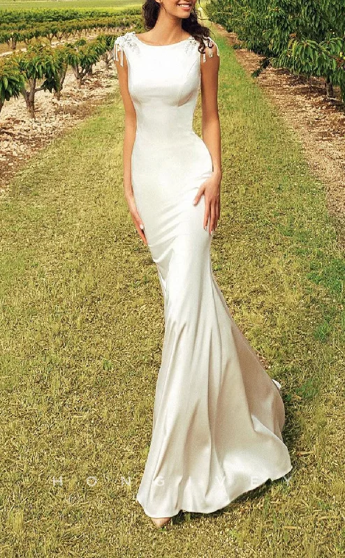 Weekend Shopping Madness H1227 - Sexy Satin Fitted Scoop Sleeveless Empire Beaded Appliques With Train Wedding Dress Weekend Shopping Madness H1227 - Sexy Satin Fitted Scoop Sleeveless Empire Beaded Appliques With Train Wedding Dress