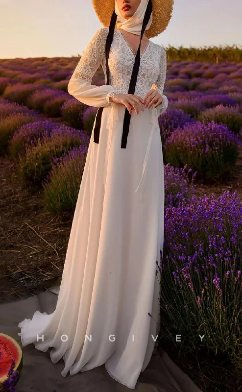 Weekend Best Buys H1246 - Sexy Satin A-Line V-Neck Long Sleeve Empire Illusion Appliques With Train Boho Wedding Dress