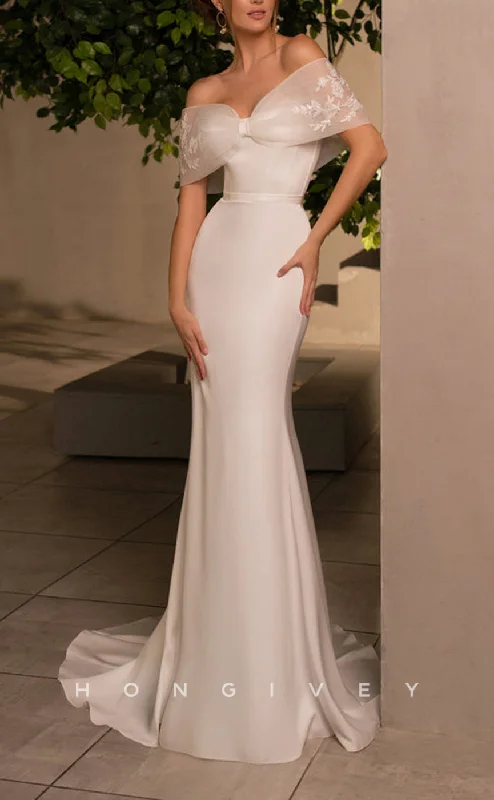 Weekend Only Savings H1247 - Sexy Satin A-Line Fitted Bowknot Off-Shoulder Empire Appliques With Train Wedding Dress