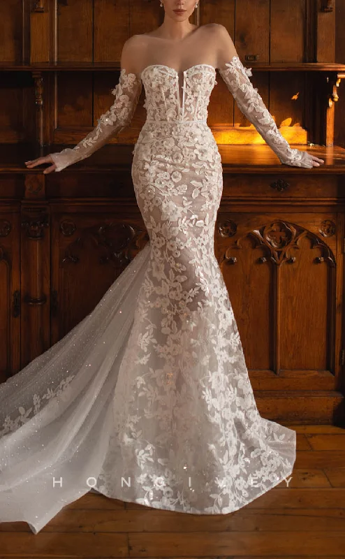 Weekend Discount Extravaganza H1248 - Sexy Fitted Lace Scoop Long Sleeve Illusion Empire Appliques With Train Boho Wedding Dress