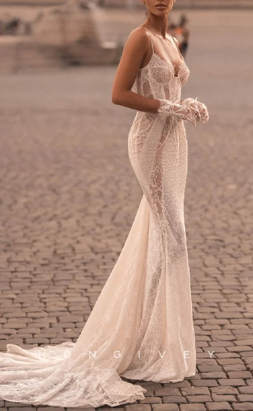 Weekend Steals Await H1249 - Sexy Fitted Lace Sweetheart Spaghetti Straps Illusion Empire Appliques With Train Boho/Beach Wedding Dress