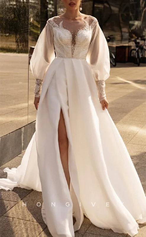 Weekend Exclusive Discounts H1252 - Sexy satin A-Line Scoop Empire Long Sleeve Beaded Sequined With Side Slit Boho Wedding Dress Weekend Exclusive Discounts H1252 - Sexy satin A-Line Scoop Empire Long Sleeve Beaded Sequined With Side Slit Boho Wedding Dress