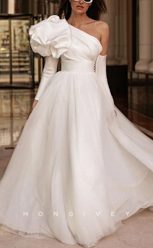 Weekend Top Offers H1253 - Sexy A-Line Two Tone One Shoulder Long Sleeve Empire Floral Embossed With Train Wedding Dress Weekend Top Offers H1253 - Sexy A-Line Two Tone One Shoulder Long Sleeve Empire Floral Embossed With Train Wedding Dress