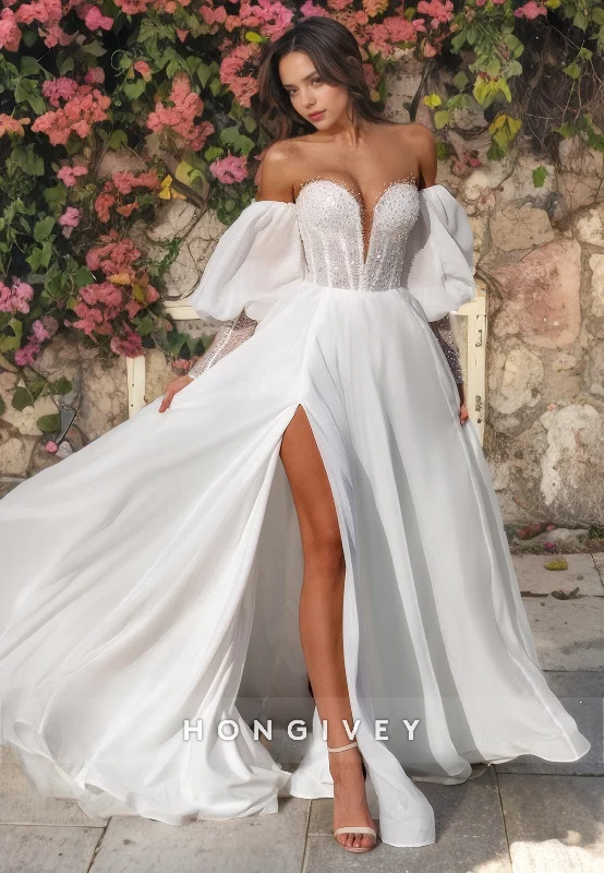 Weekend Clearance Event Sexy A-Line Satin Sweetheart With Long Bell Sleeves Empire Beaded With Side Slit Wedding Dress Weekend Clearance Event Sexy A-Line Satin Sweetheart With Long Bell Sleeves Empire Beaded With Side Slit Wedding Dress