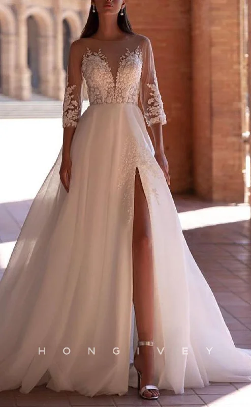 Weekend Hot Deals H1257 - Sexy Tulle A-Line Scoop 3/4 Sleeves Empire Beaded Appliques With Side Slit Wedding Dress Weekend Hot Deals H1257 - Sexy Tulle A-Line Scoop 3/4 Sleeves Empire Beaded Appliques With Side Slit Wedding Dress