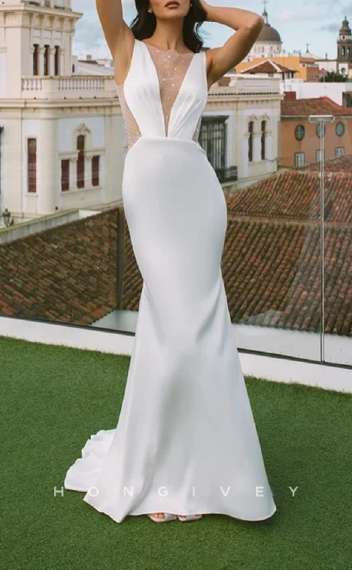 Limited Offer H1270 - Sexy Satin Trumpt Scoop Sleeveless Empire Illusion Beaded With Train Beach Wedding Dress Limited Offer H1270 - Sexy Satin Trumpt Scoop Sleeveless Empire Illusion Beaded With Train Beach Wedding Dress