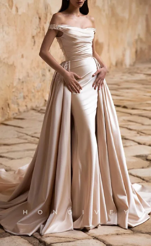 Limited Edition H1276 - Sexy Satin A-Line Off-Shoulder Empire Pleats Beaded Overskirt Gown With Train Wedding Dress Limited Edition H1276 - Sexy Satin A-Line Off-Shoulder Empire Pleats Beaded Overskirt Gown With Train Wedding Dress