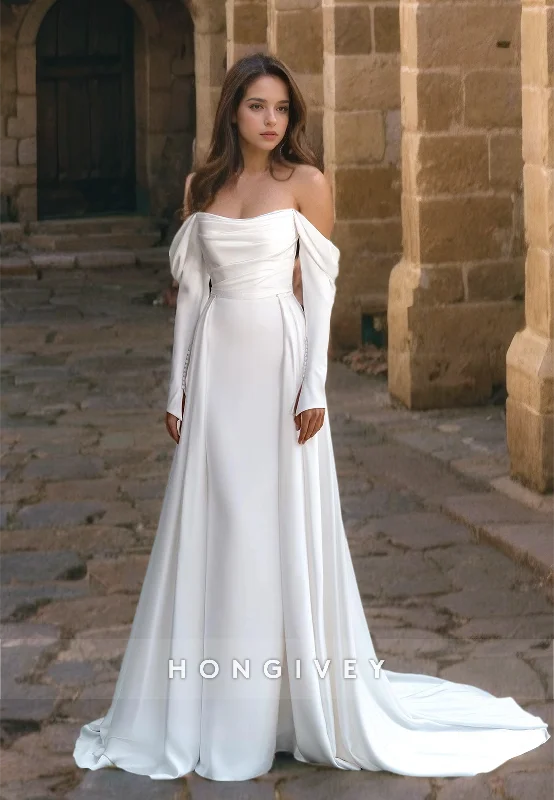 Hot Deals H1277 - Sexy Satin A-Line Off-Shoulder Long Sleeve Ruched Empire With Train Wedding Dress Hot Deals H1277 - Sexy Satin A-Line Off-Shoulder Long Sleeve Ruched Empire With Train Wedding Dress