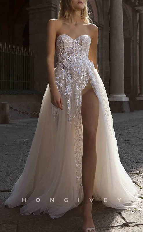Weekend Price Slash Day H1279 - Sexy Tulle A-Line Sweetheart Strapless Empire Sequined Appliques With High Slit Wedding Dress Weekend Price Slash Day H1279 - Sexy Tulle A-Line Sweetheart Strapless Empire Sequined Appliques With High Slit Wedding Dress