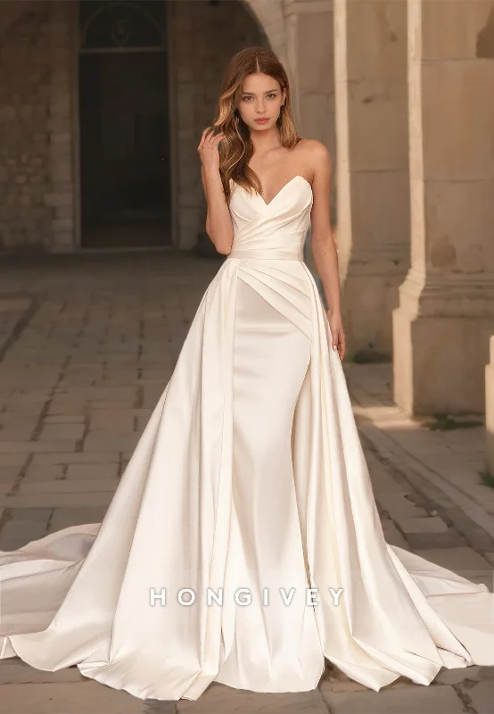 Weekend Deal Rush Sexy Satin A-Line Sweetheart Sleeveless  Empire Ruched With Overskirt Train Wedding Dress