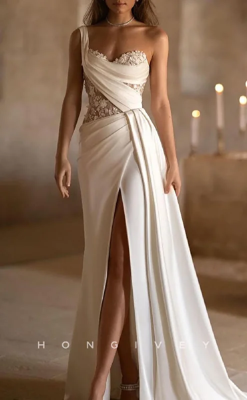 Weekend Sale Marathon H1290 - Sexy Satin A-Line One Shoulder Illusion Ruched Beaded Appliques With Side Slit Wedding Dress