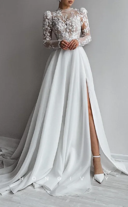 Weekend Clearance Frenzy H1291 - Sexy A-Line Two Tone Illusion High Neck Long Sleeve Empire Appliques With Side Slit Wedding Dress