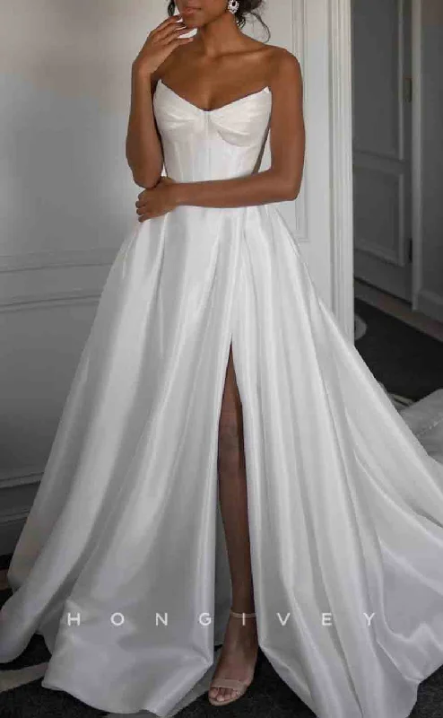 Weekend Markdowns H1294 - Sexy Satin A-Line V-Neck Strapless Sleeveless Empire Illusion With Side Slit Train Wedding Dress