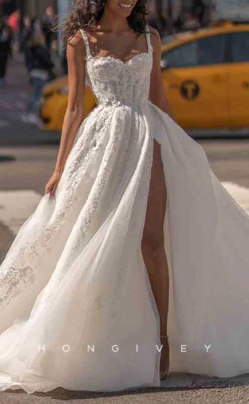 Weekend Deal Fest H1295 - Sexy A-Line Sweetheart Spaghetti Straps Empire Appliques With Side Slit Wedding Dress