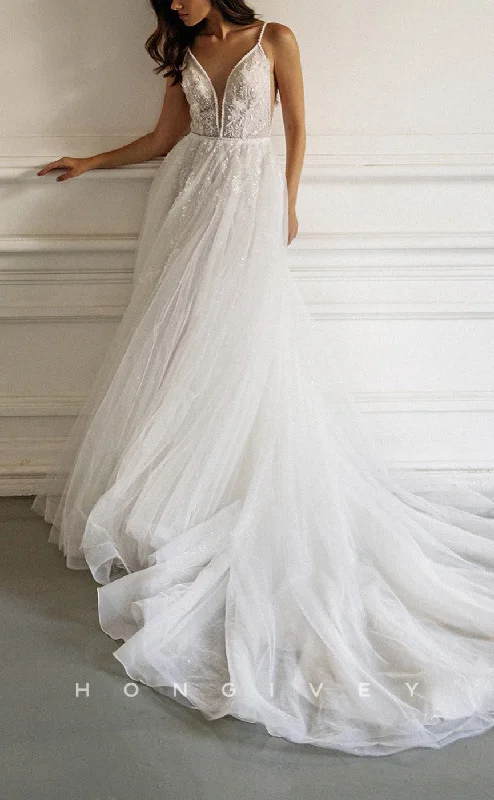 Weekend Special Offers H1299 - Sexy Tulle A-Line V-Neck Spaghetti Straps Empire Beaded Appliques With Train Wedding Dress Weekend Special Offers H1299 - Sexy Tulle A-Line V-Neck Spaghetti Straps Empire Beaded Appliques With Train Wedding Dress