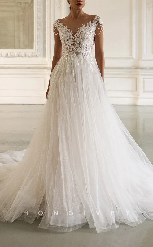 Weekend Savings Mania H1300 - Sexy Tulle A-Line Scoop Cap Sleeves Illusion Empire Beaded Appliques With Train Wedding Drerss Weekend Savings Mania H1300 - Sexy Tulle A-Line Scoop Cap Sleeves Illusion Empire Beaded Appliques With Train Wedding Drerss