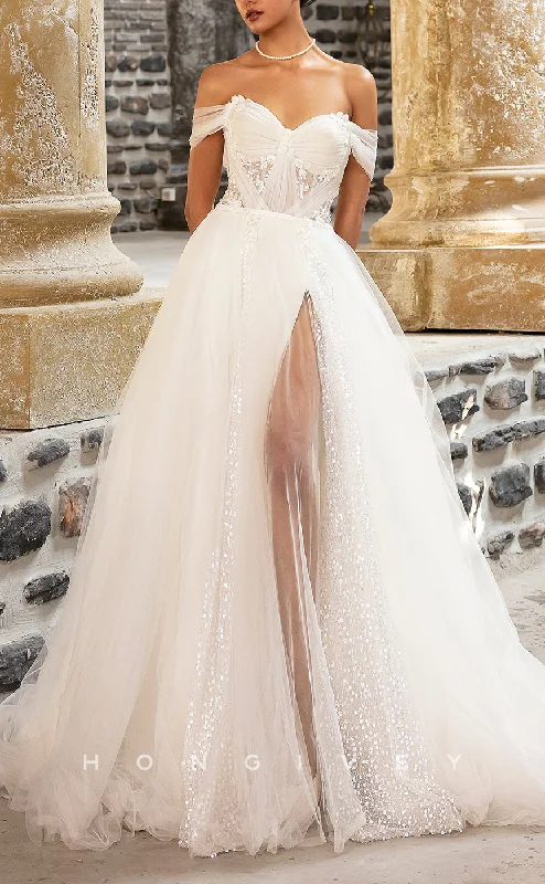 Instant Savings H1311 - Sexy Tulle A-Line Off-Shoulder Illusion Empire Appliques With Side Slit Train Wedding Dress Instant Savings H1311 - Sexy Tulle A-Line Off-Shoulder Illusion Empire Appliques With Side Slit Train Wedding Dress